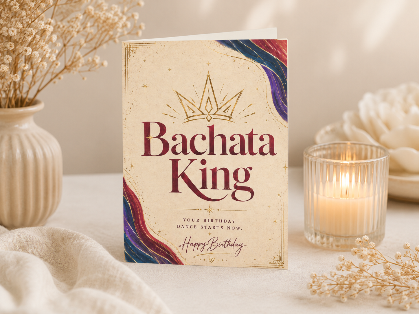 Bachata King birthday card styled with candles