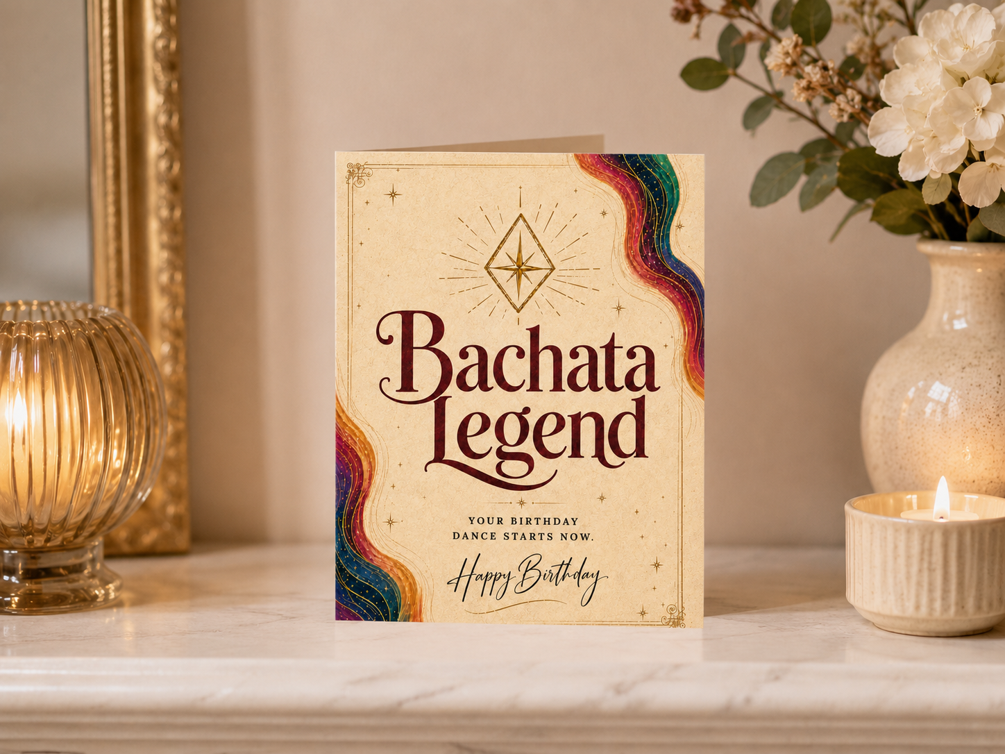 Bachata Legend birthday card styled with colourful ribbons