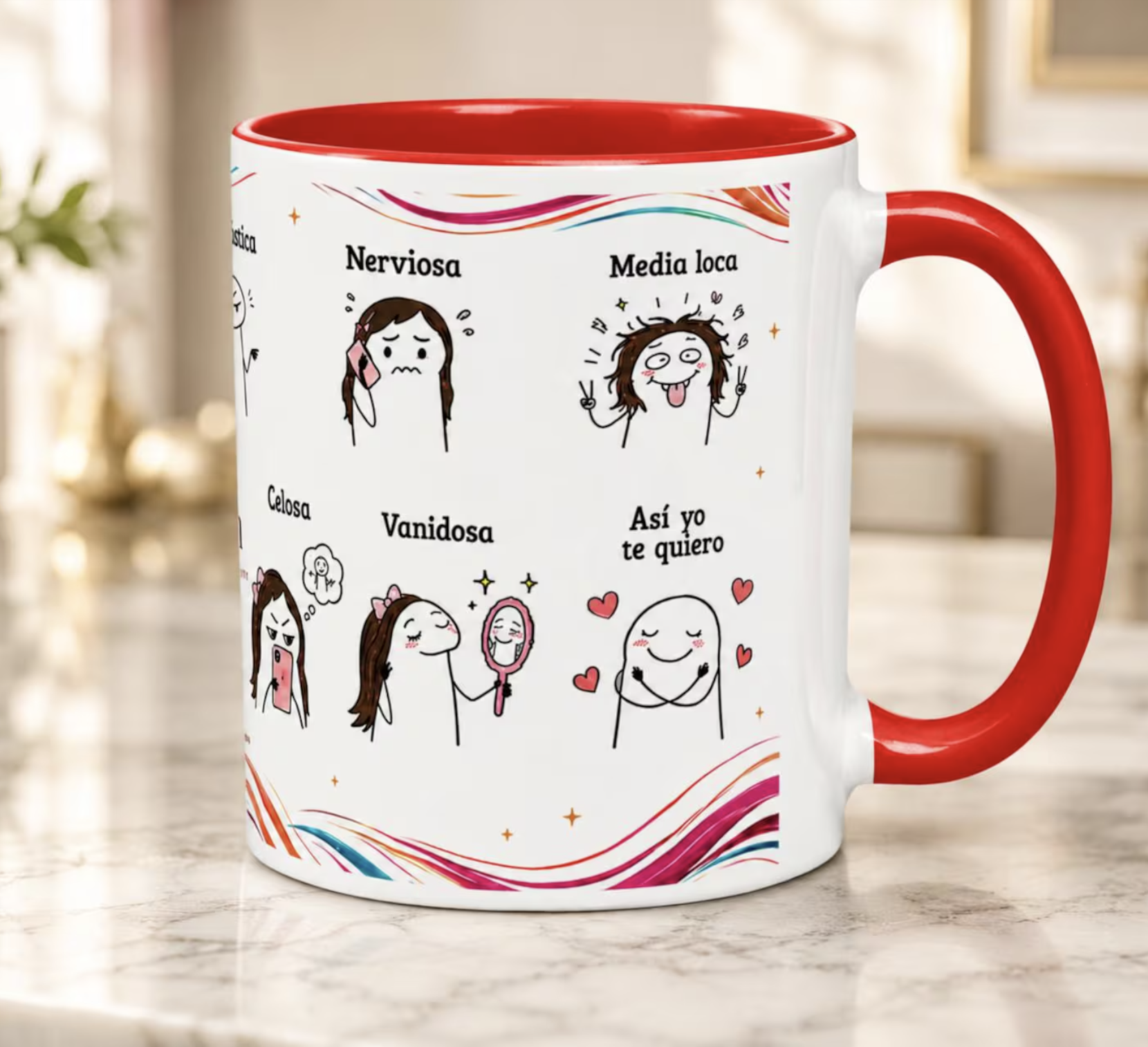 White Spanish love mug with a red handle and illustrated expressions